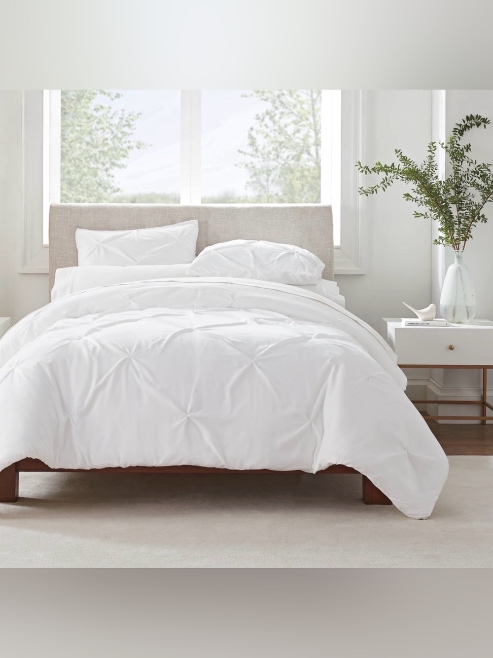 New Serta Simply Clean Pleated 3-Piece Solid Duvet Set, White, Full/Queen F/Q